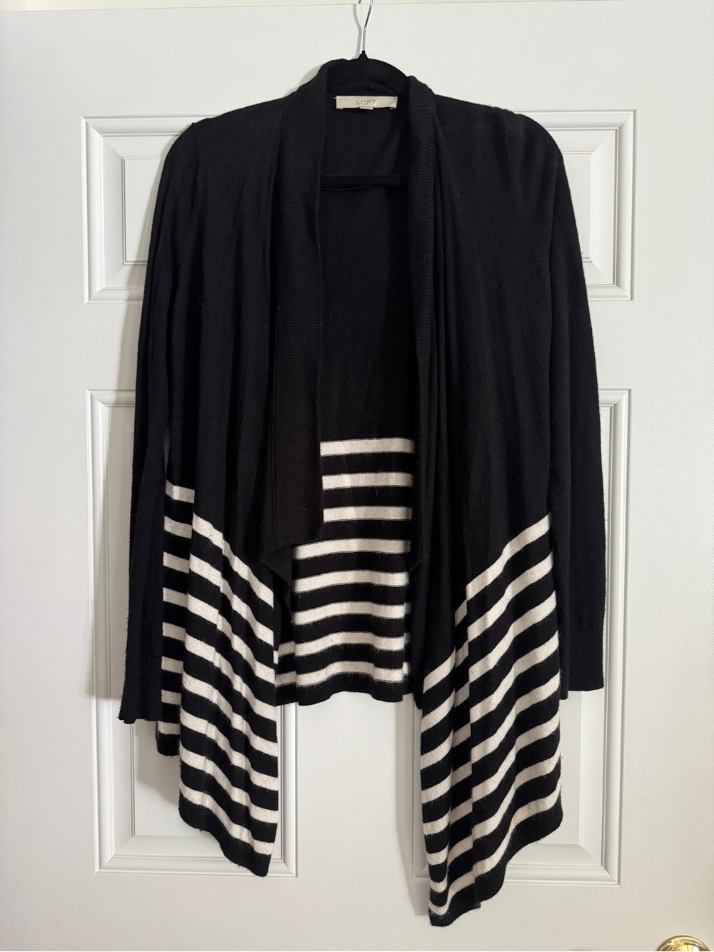 LOFT Black Stripe Open Front Waterfall Cardigan Size Small